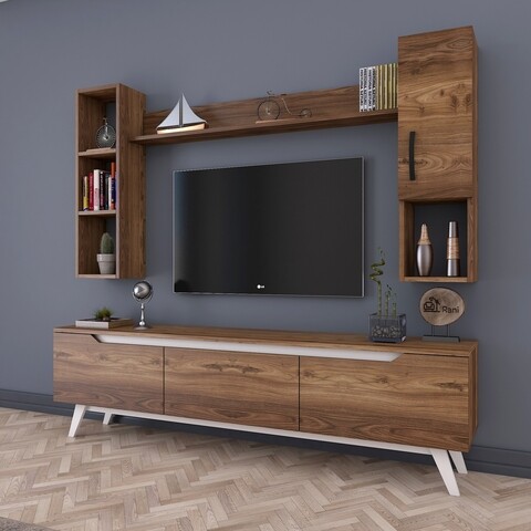 Comoda TV cu 2 rafturi de perete si cabinet M12 - 830, Wren, 180 x 35 x 48.6 cm/90 cm/133 cm, walnut/white