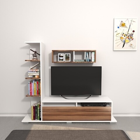 Comoda TV cu raft de perete Argo, Homemania, 150 x 28.5 x 125 cm, alb/natural