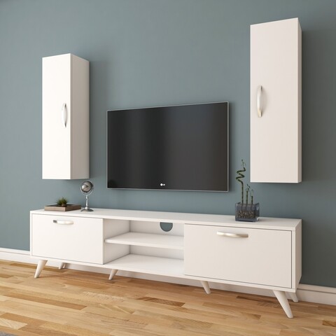 Comoda TV cu 2 cabinete M17 - 263, Wren, 180 x 35 x 48.6 cm/90 cm, white