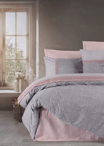 Lenjerie de pat pentru doua persoane, Hazel, 6 piese, 200x220 cm, 100% bumbac ranforce, cu detalii brodate, roz pudra