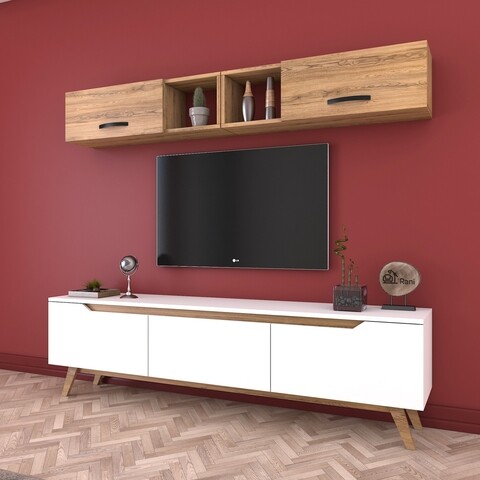 Comoda TV cu 2 rafturi de perete M4 - 382, Wren, 180 x 35 x 48.6 cm/90 cm, white/walnut