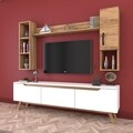 Comoda TV cu 2 rafturi de perete si cabinet M12 - 386, Wren, 180 x 35 x 48.6 cm/90 cm/133 cm, white/walnut