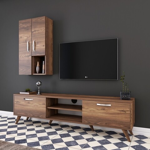 Comoda TV cu 2 cabinete M43 - 313, Wren, 180 x 35 x 48.6 cm/90 cm, walnut