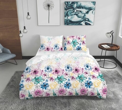 Lenjerie de pat dubla Flowers, Bedora, 4 piese, 180x200, 100% bumbac, multicolor