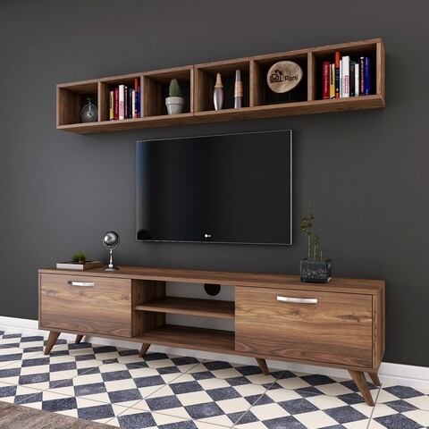 Comoda TV cu 2 rafturi M7 - 244, Wren, 180 x 35 x 48.6 cm/90 cm, walnut/white