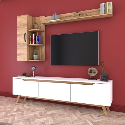 Comoda TV cu 2 rafturi de perete si cabinet M36 - 421, Wren, 180 x 35 x 48.6 cm/90 cm/133 cm, white/walnut