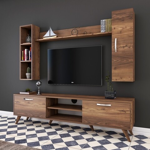 Comoda TV cu 2 rafturi de perete si cabinet M9 - 248, Wren, 180 x 35 x 48.6 cm/90 cm/133 cm, walnut