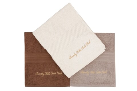 Set 3 prosoape de maini, Beverly Hills Polo Club, Cream and Brown, 50 x 100 cm, 100% bumbac