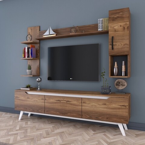Comoda TV cu 2 rafturi de perete si cabinet M25 - 844, Wren, 180 x 35 x 48.6 cm/90 cm/133 cm, walnut/white
