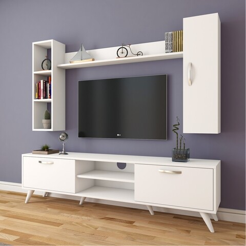 Comoda TV cu 2 rafturi de perete si cabinet M9 - 247, Wren, 180 x 35 x 48.6 cm/90 cm/133 cm, white