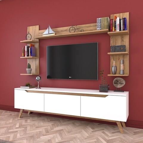 Comoda TV cu 3 rafturi de perete M23 - 388, Wren, 180 x 35 x 48.6 cm/90 cm/133 cm, white/walnut