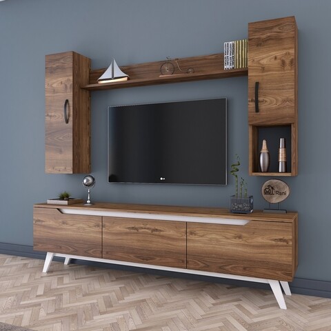 Comoda TV cu raft de perete si 2 cabinete M22 - 842, Wren, 180 x 35 x 48.6 cm/90 cm/133 cm, walnut/white