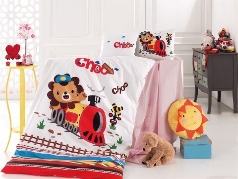 Lenjerie de pat pentru copii Train, Nazenin Home, 4 piese, 120 x 160 cm, 100% bumbac ranforce, multicolora