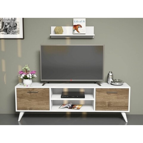 Comoda TV cu raft de perete Horus, Homemania, 120 x 30 x 48.6 cm, alb/walnut