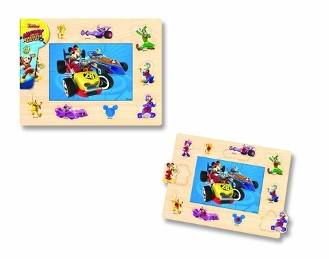 Puzzle 2 in 1 Mickey si piloții de curse, 16 piese, lemn, multicolor