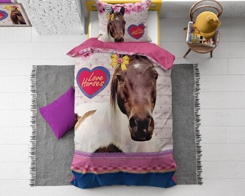 Lenjerie de pat pentru o persoana, Love Horse Pink, Dreamhouse, 2 piese, 100% bumbac, multicolora