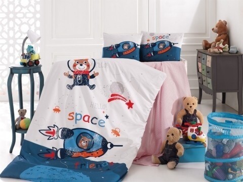 Lenjerie de pat pentru copii Space, Nazenin Home, 4 piese, 120 x 160 cm, 100% bumbac ranforce, multicolora