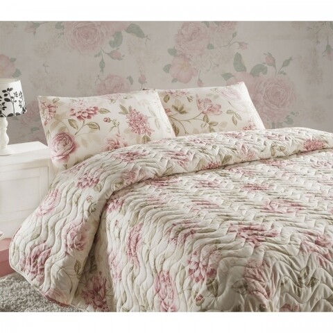 Set de pat Eponj Double Care Pink, cuvertură matlasata 200 x 220 cm, 2 fețe de pernă 50 x 70 cm