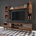 Comoda TV cu 2 rafturi de perete si cabinet M12 - 254, Wren, 180 x 35 x 48.6 cm/90 cm/133 cm, walnut