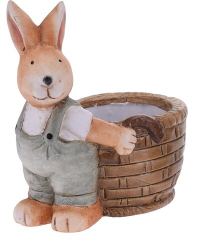 Decoratiune de paste Boy bunny with basket, 13x8.5x15.5 cm, teracota, gri