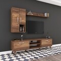 Comoda TV cu raft de perete si 2 cabinete M34 - 296, Wren, 180 x 35 x 48.6 cm/90 cm/133 cm, walnut