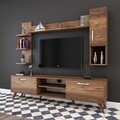 Comoda TV cu 2 rafturi de perete si cabinet M25 - 280, Wren, 180 x 35 x 48.6 cm/90 cm/133 cm, walnut