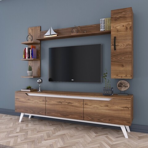 Comoda TV cu 2 rafturi de perete si cabinet M20 - 841, Wren, 180 x 35 x 48.6 cm/90 cm/133 cm, walnut/white