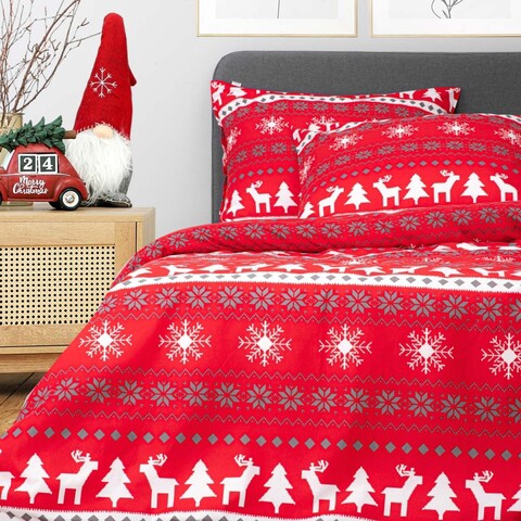 Lenjerie de pat King Size, Renna, Homla, 200x220 cm, microfibra din poliester, rosu/alb