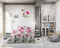 Lenjerie de pat dubla Sunshine Flowers White, Sleeptime,  3 piese, 200 x 220 cm, 80% bumbac, roz si alb