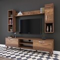 Comoda TV cu 2 rafturi de perete si cabinet M12 - 254, Wren, 180 x 35 x 48.6 cm/90 cm/133 cm, walnut