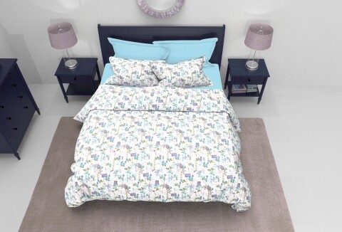 Lenjerie de pat dubla, 6 piese, 240x240 cm, Ressort Bleu, Bedora, Policoton 30/70, alb/albastru