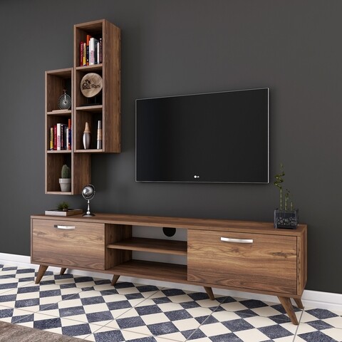 Comoda TV cu 2 rafturi de perete M15 - 260, Wren, 180 x 35 x 48.6 cm/90 cm, walnut