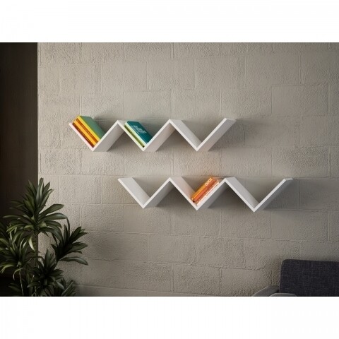 Set 2 rafturi pentru perete, Wooden Art, Zig Zag White, 129x24.5x22 cm