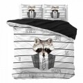 Lenjerie de pat dubla Business Racoon White, Dreamhouse, 3 piese, 200x220 cm, 100% bumbac, alb/gri