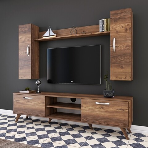 Comoda TV cu raft de perete si 2 cabinete M2 - 229, Wren, 180 x 35 x 48.6 cm/133 cm, walnut
