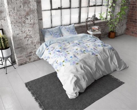 Lenjerie de pat dubla Sweet Flowers Turquoise, Royal Textile, 3 piese, 200 x 220 cm, 100% bumbac flanel, alb/albastru