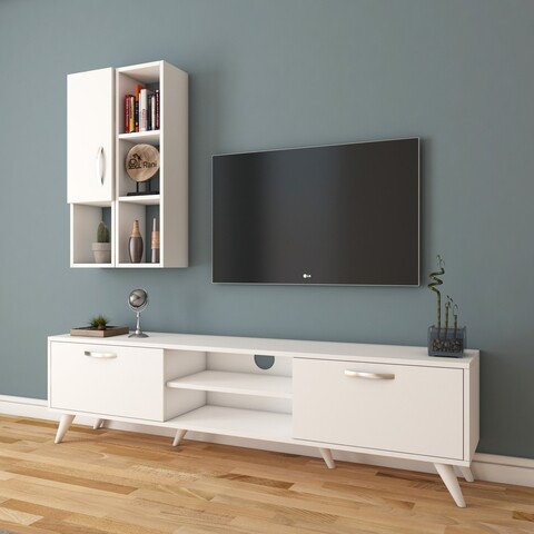 Comoda TV cu raft de perete si cabinet M38 - 304, Wren, 180 x 35 x 48.6 cm/90 cm, white