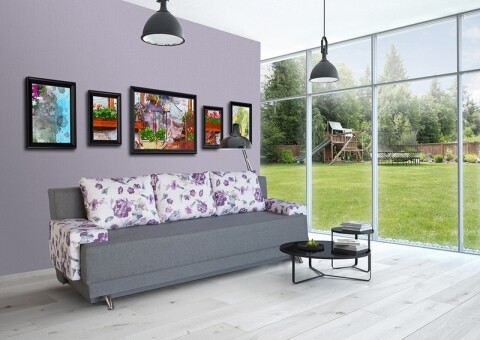 Canapea Extensibila Roma Grey Purple Flower 205x90x86 cm + lada de depozitare