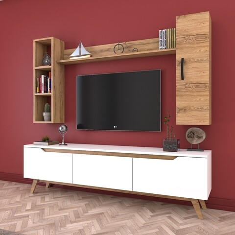 Comoda TV cu 2 rafturi de perete si cabinet M9 - 385, Wren, 180 x 35 x 48.6 cm/90 cm/133 cm, white/walnut