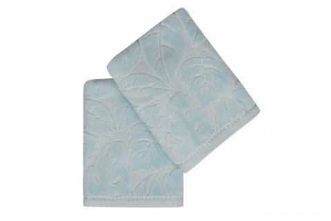 Set 2 prosoape de maini 50x90 cm, 100% bumbac, Saheser, Kısmi Kadife Yaprak  Light Blue