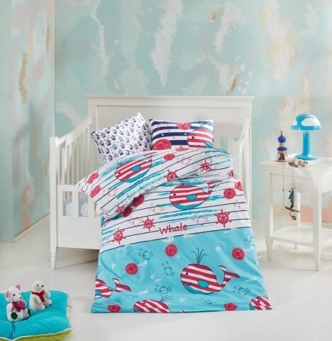 Lenjerie de pat pentru copii Fishy, Nazenin Home, 4 piese, 120 x 160 cm, 100% bumbac ranforce, multicolora