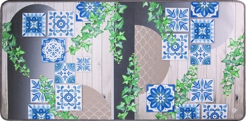 Covor pentru bucatarie, Olivio Tappeti, Miami 3, Blue Flowers, 40 x 60 cm, poliester, multicolor