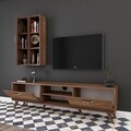 Comoda TV cu raft de perete si cabinet M37 - 302, Wren, 180 x 35 x 48.6 cm/90 cm, walnut