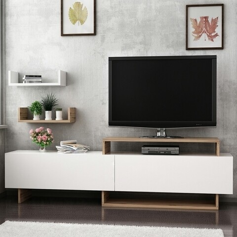 Comoda TV cu 2 rafturi de perete Zera, Maison in Design, 180 x 30 x 48 cm, natural/negru