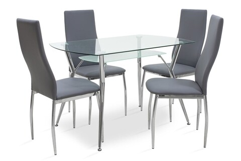 Set dining/bucatarie Jacob Pakoworld, masa cu 4 scaune, 120x75x75.5 cm, inox/sticla temperata/poliuretan, gri
