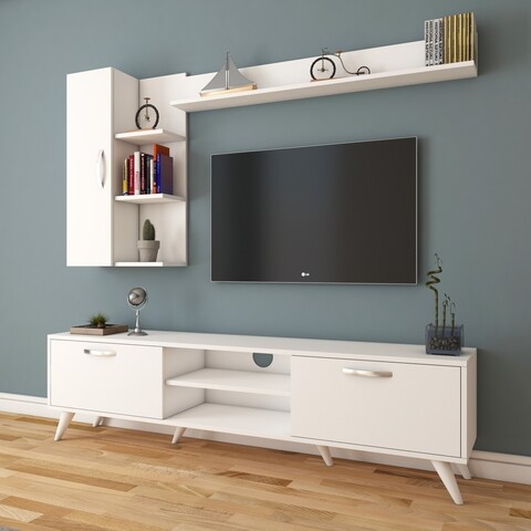 Comoda TV cu 2 rafturi de perete si cabinet M36 - 299, Wren, 180 x 35 x 48.6 cm/90 cm/133 cm, white