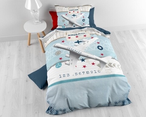 Lenjerie de pat pentru o persoana, Airplane 713 Blue, Royal Textile, 2 piese, 140 x 200 cm, 100% bumbac, multicolora
