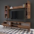 Comoda TV cu 2 rafturi de perete si cabinet M9 - 248, Wren, 180 x 35 x 48.6 cm/90 cm/133 cm, walnut