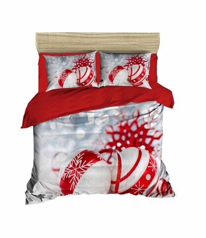 Lenjerie de pat pentru doua persoane, Pearl Home, 406, print 3D, policoton, 4 piese, rosu/alb/gri