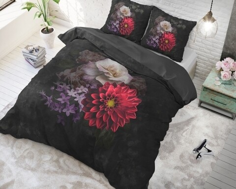 Lenjerie de pat dubla Elegant Flower Black, Sleeptime, 3 piese, cotton blended, negru/rosu